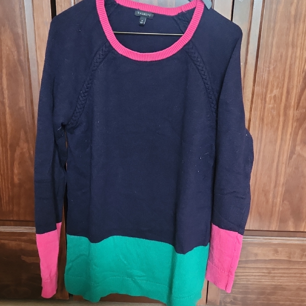 Talbots Women's Wool Colorblock Sweater - Navy, Pink, and Green